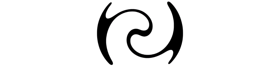 A minimalist black abstract swirl symbol centered on a solid white background.
